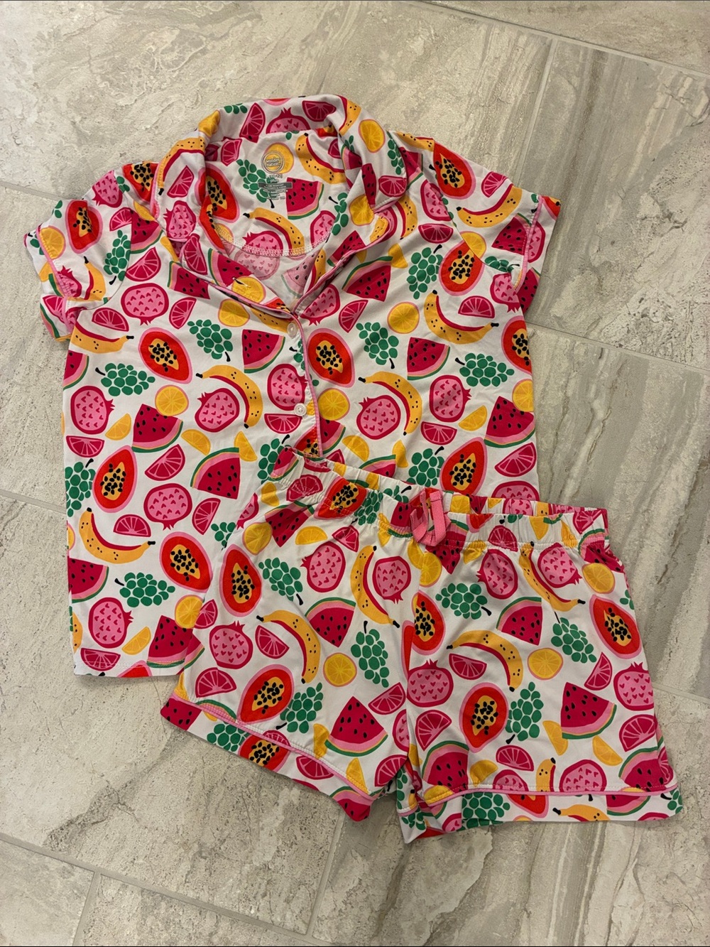 wonder nation Pink & Yellow Fruit-Print Short Pajama Set L (10-12) Plus